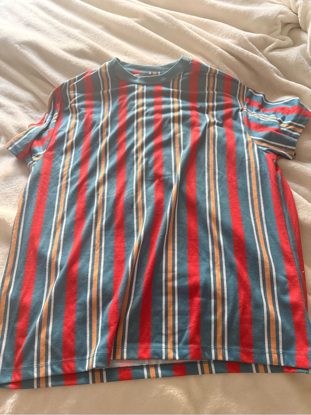 ASOS Vertical Stripe Crew Neck T-Shirt in Blue, Red & Cream